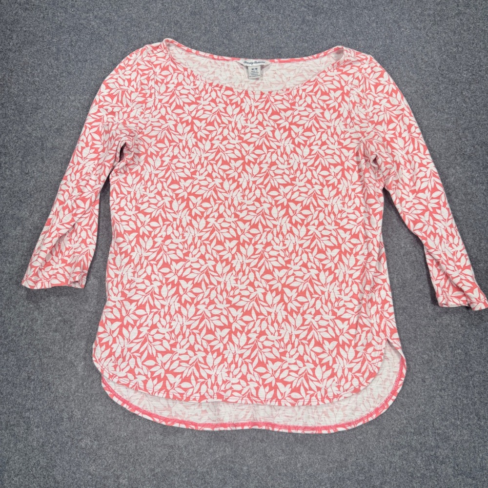 Tommy Bahama Womens Medium Coral White Leaf Print Cotton Slub Top Boat Neck